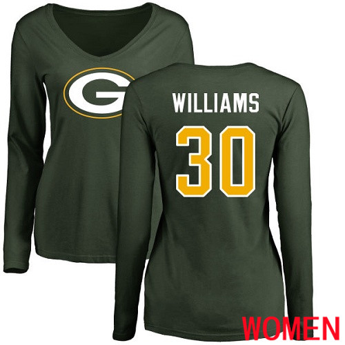Green Bay Packers Green Women #30 Williams Jamaal Name And Number Logo Nike NFL Long Sleeve T Shirt->nfl t-shirts->Sports Accessory